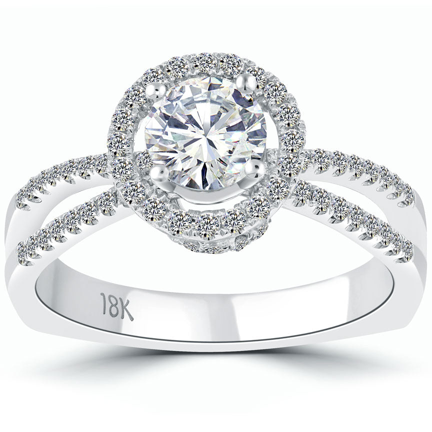 1.35 Carat F-SI2 Natural Round Diamond Engagement Ring 18k White Gold Pave Halo