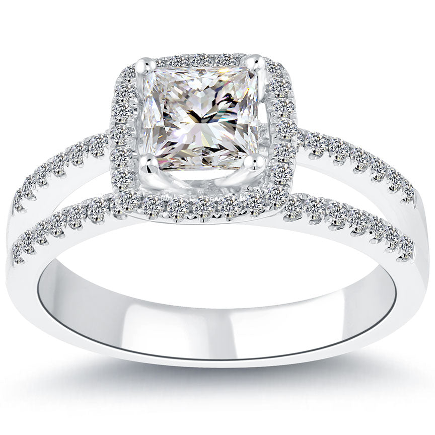 1.30 Carat J-SI1 Princess Cut Diamond Engagement Ring 14k White Gold Pave Halo