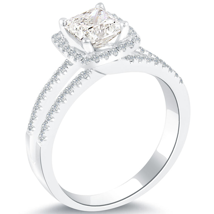 1.30 Carat J-SI1 Princess Cut Diamond Engagement Ring 14k White Gold Pave Halo