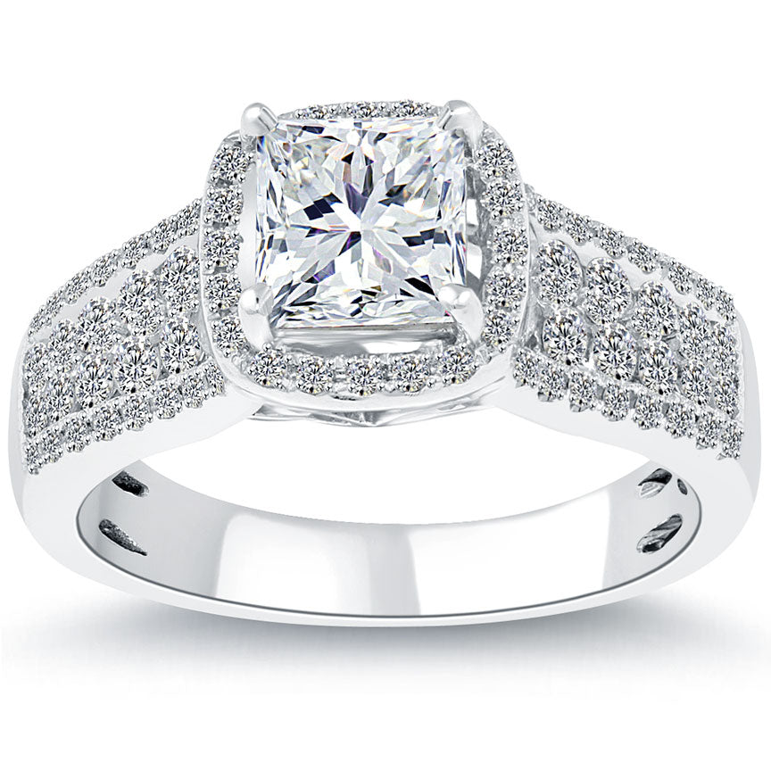 2.04 Carat F-SI1 Princess Cut Diamond Engagement Ring 14k White Gold Pave Halo
