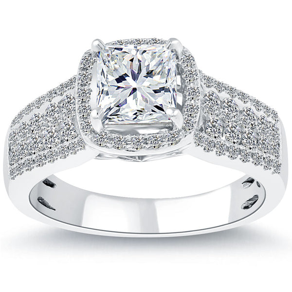 2.04 Carat F-SI1 Princess Cut Diamond Engagement Ring 14k White Gold Pave Halo