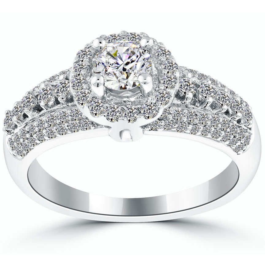 1.54 Carat E-SI1 Natural Round Diamond Engagement Ring 18k White Gold Pave Halo