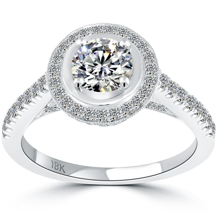1.36 Carat H-SI1 Vintage Style Natural Round Diamond Engagement Ring 18k Gold