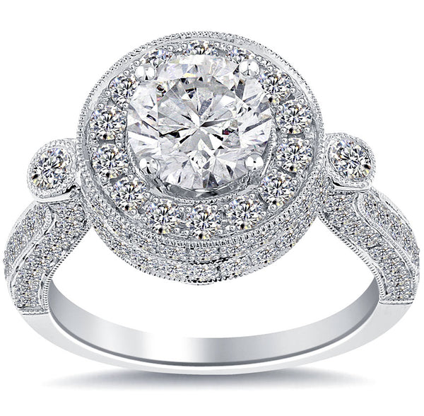 2.31 Carat E-SI2 Pave Halo Round Diamond Engagement Ring 14k Gold Vintage Style