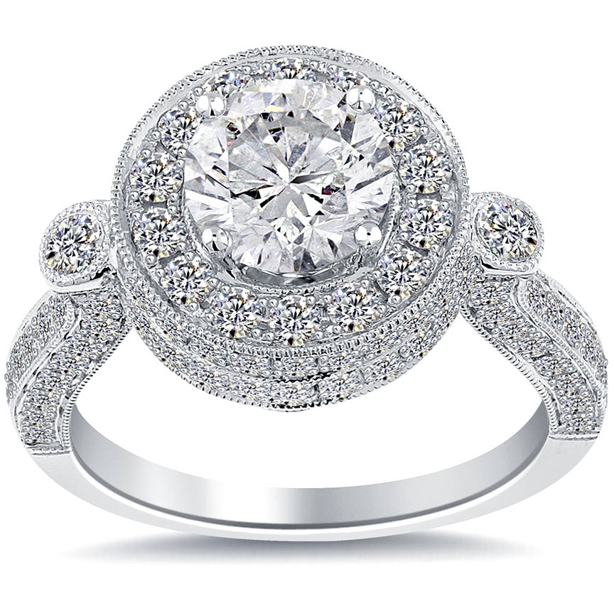 2.31 Carat E-SI2 Pave Halo Round Diamond Engagement Ring 14k Gold Vintage Style