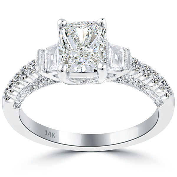 1.71 Carat H-SI1 Certified Radiant Cut Diamond Engagement Ring 14k White Gold