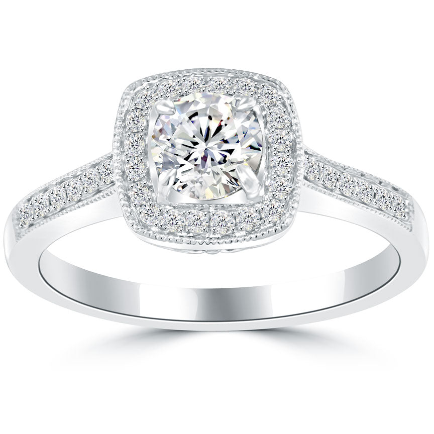 0.82 Carat D-SI1 Natural Round Diamond Engagement Ring 14k White Gold Pave Halo