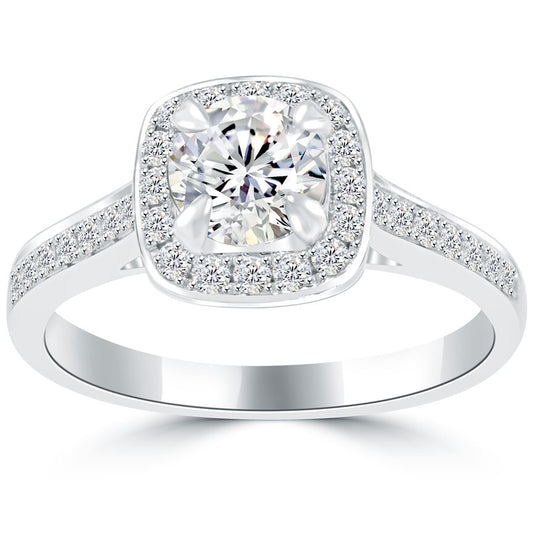 1.21 Carat H-SI2 Natural Round Diamond Engagement Ring 14k White Gold Pave Halo