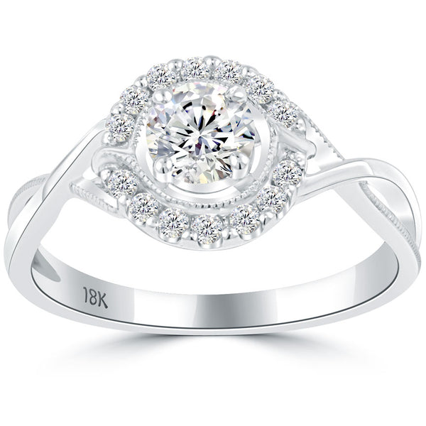 0.74 Carat D-SI1 Natural Round Diamond Engagement Ring 18k White Gold Pave Halo