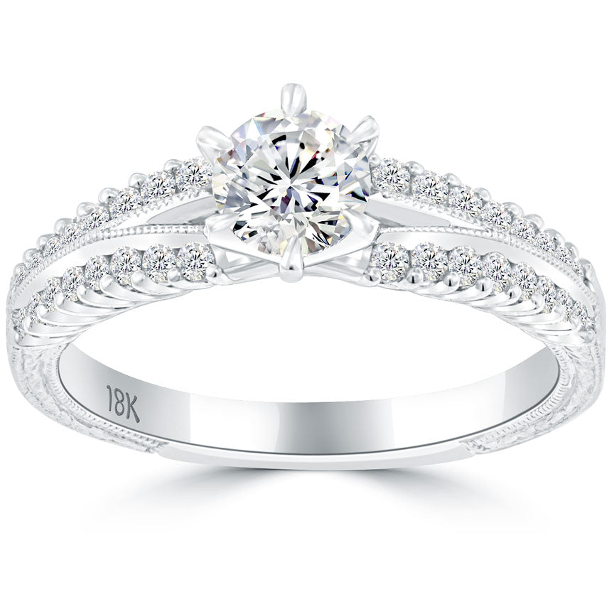0.95 Carat F-SI1 Certified Natural Round Diamond Engagement Ring 18k White Gold