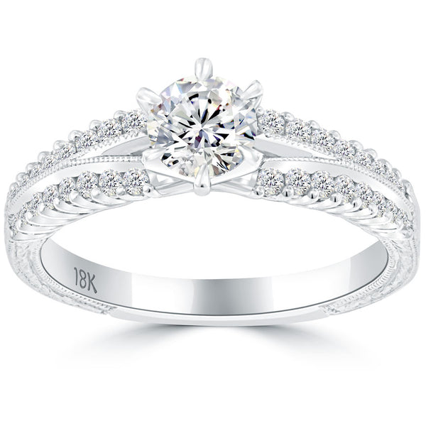 0.95 Carat F-SI1 Certified Natural Round Diamond Engagement Ring 18k White Gold