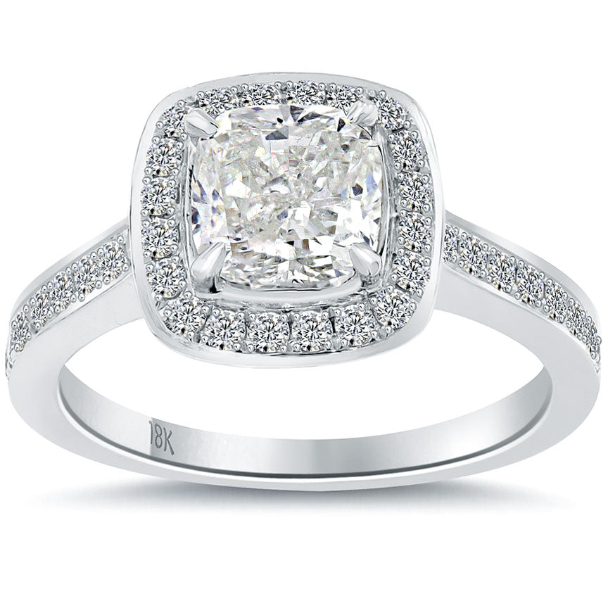 2.13 Carat H-SI2 Cushion Cut Diamond Engagement Ring 18k Pave Halo Vintage Style
