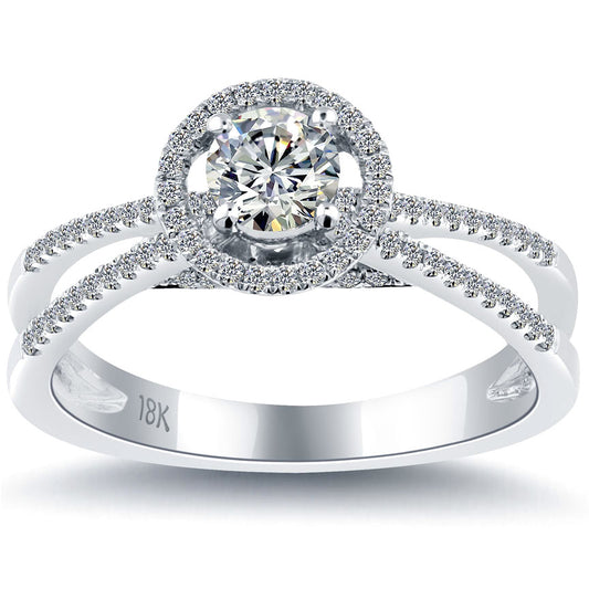 0.59 Carat E-SI1 Natural Round Diamond Engagement Ring 18k White Gold Pave Halo