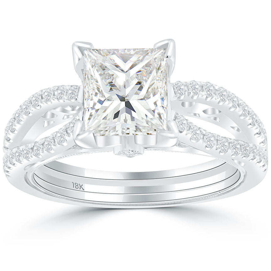 2.48 Carat J-VS1 Princess Cut Diamond Engagement Ring 18k Gold Vintage Style