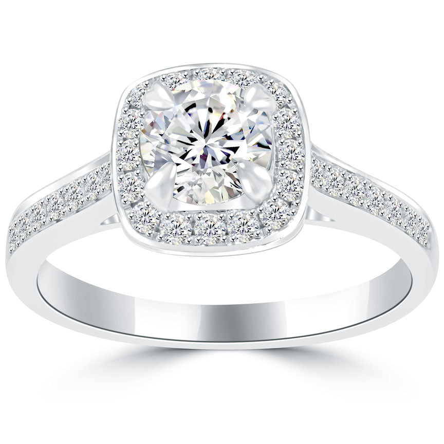 0.96 Carat D-VS2 Natural Round Diamond Engagement Ring 14k White Gold Pave Halo