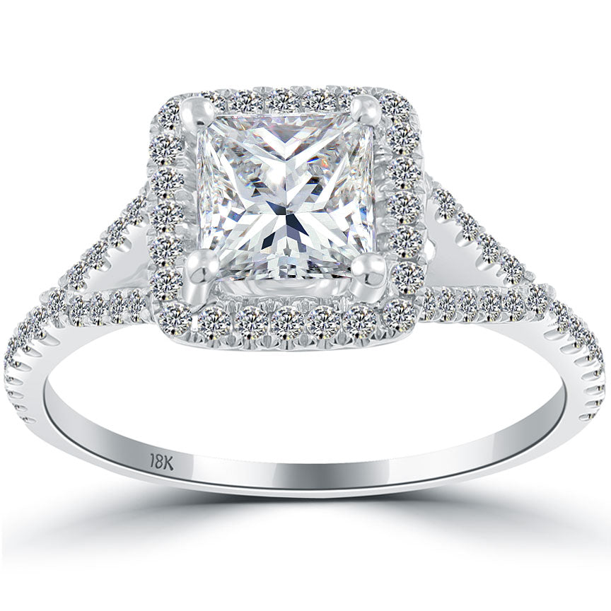 1.61 Carat G-SI1 Princess Cut Diamond Engagement Ring 18k White Gold Pave Halo