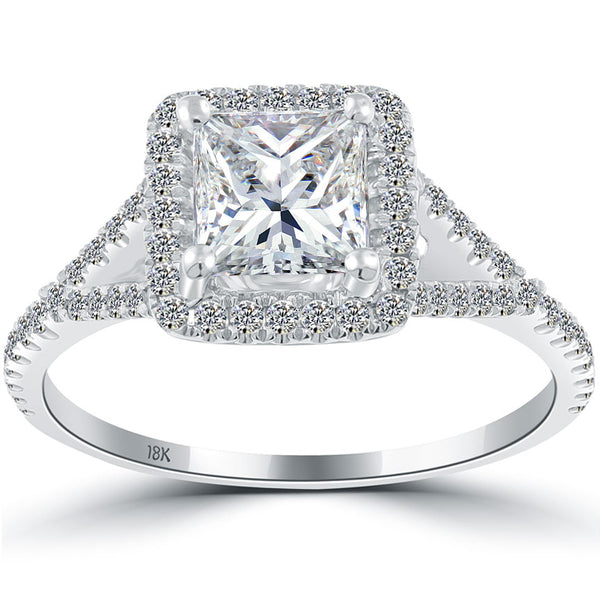 1.61 Carat G-SI1 Princess Cut Diamond Engagement Ring 18k White Gold Pave Halo