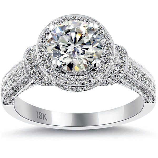 2.69 Carat G-SI2 Natural Round Diamond Engagement Ring 18k White Gold Pave Halo