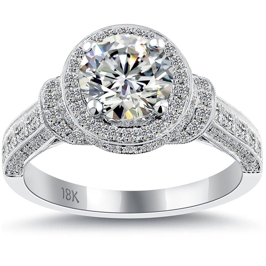 2.69 Carat G-SI2 Natural Round Diamond Engagement Ring 18k White Gold Pave Halo