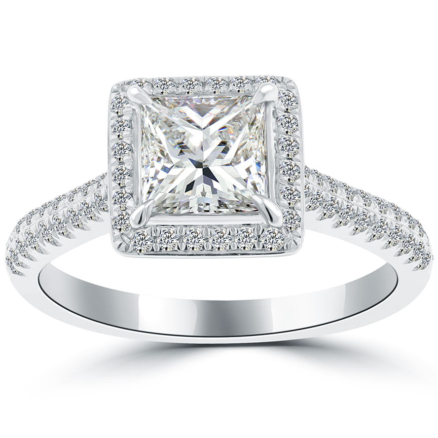 1.62 Carat H-VS2 Princess Cut Diamond Engagement Ring 18k White Gold Pave Halo