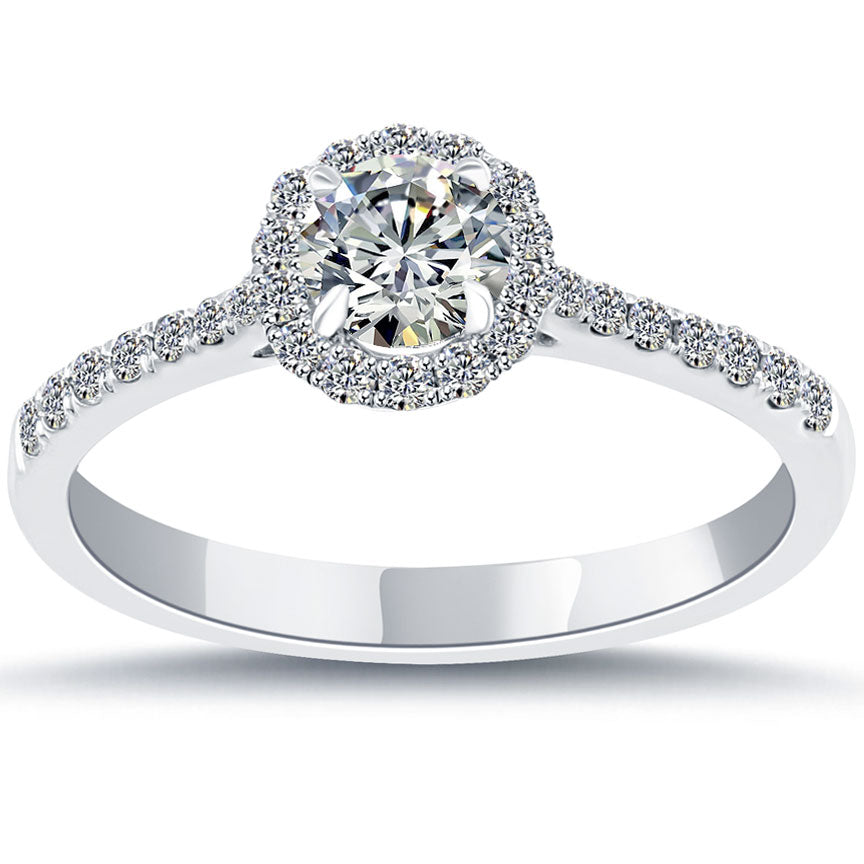 0.79 Carat E-SI1 Natural Round Diamond Engagement Ring 14k White Gold Pave Halo