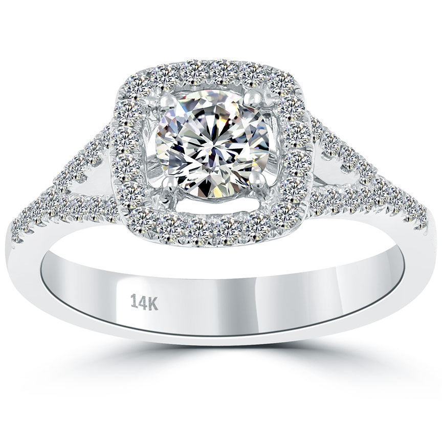 0.97 Carat E-SI1 Natural Round Diamond Engagement Ring 14k White Gold Pave Halo