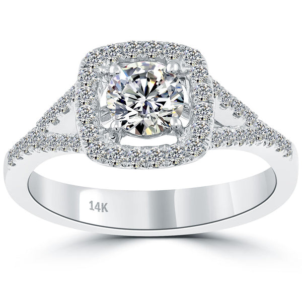 0.97 Carat E-SI1 Natural Round Diamond Engagement Ring 14k White Gold Pave Halo