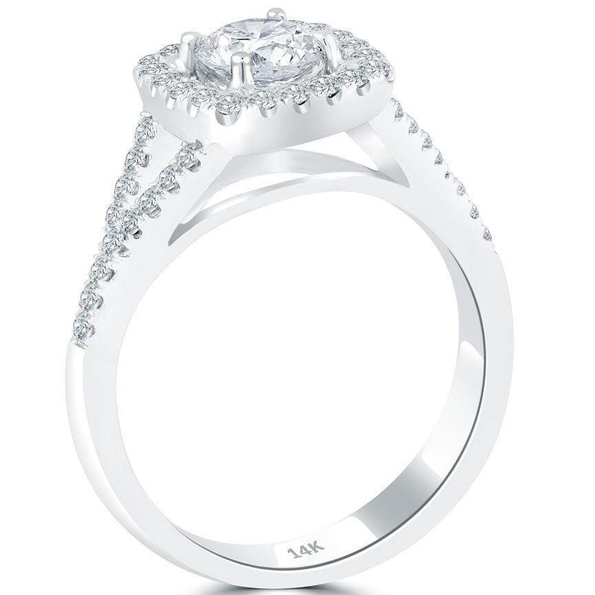 0.97 Carat E-SI1 Natural Round Diamond Engagement Ring 14k White Gold Pave Halo