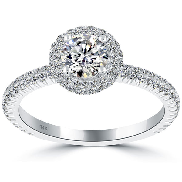 1.12 Carat F-VS2 Natural Round Diamond Engagement Ring 18k White Gold Pave Halo