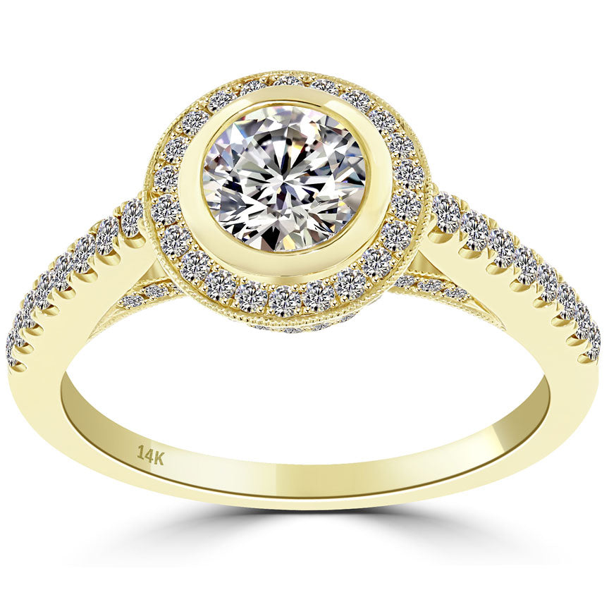 1.14 Carat G-SI1 Natural Round Diamond Engagement Ring 14k Yellow Gold Pave Halo