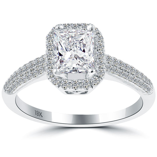 1.48 Carat F-SI1 Princess Cut Diamond Engagement Ring 18k White Gold Pave Halo