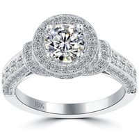 1.85 Carat E-SI1 Natural Round Diamond Engagement Ring 18k White Gold Pave Halo