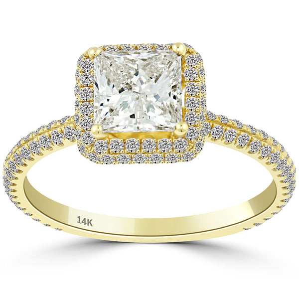 1.56 Carat J-SI1 Princess Cut Diamond Engagement Ring 14k Yellow Gold Pave Halo