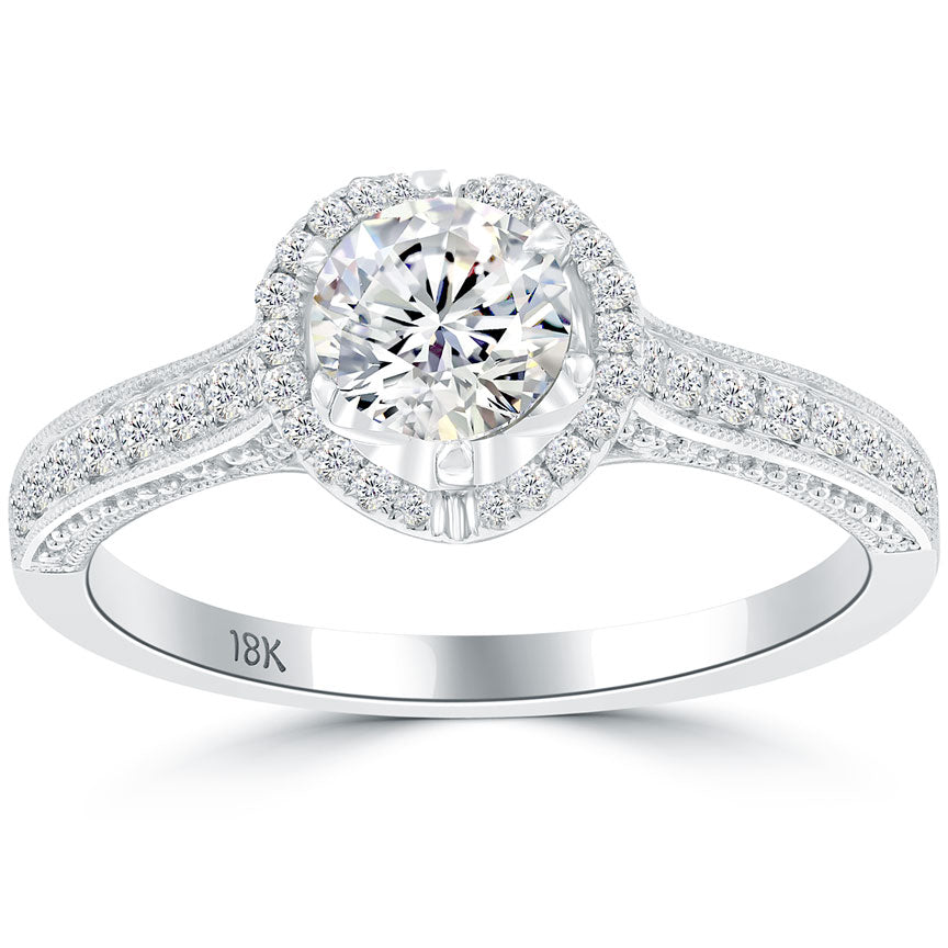 1.09 Carat G-SI1 Natural Round Diamond Engagement Ring 18k White Gold Pave Halo