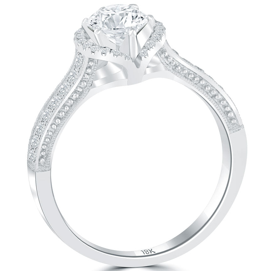 1.09 Carat G-SI1 Natural Round Diamond Engagement Ring 18k White Gold Pave Halo