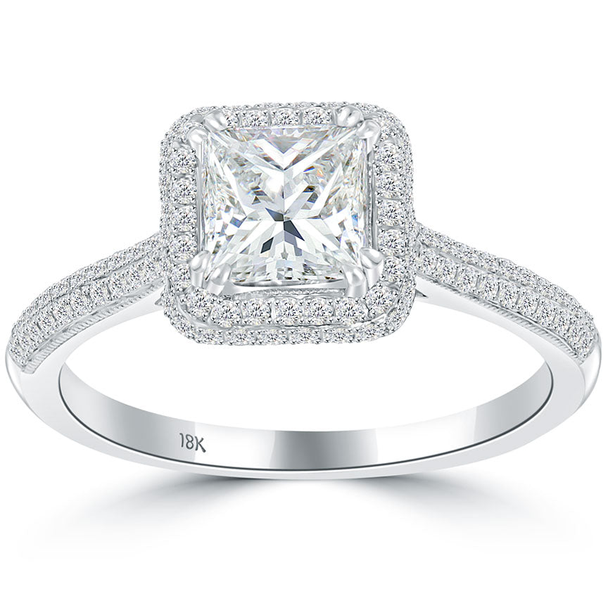 1.56 Carat D-VS2 Princess Cut Diamond Engagement Ring 18k White Gold Pave Halo