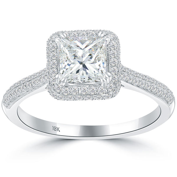 1.56 Carat D-VS2 Princess Cut Diamond Engagement Ring 18k White Gold Pave Halo