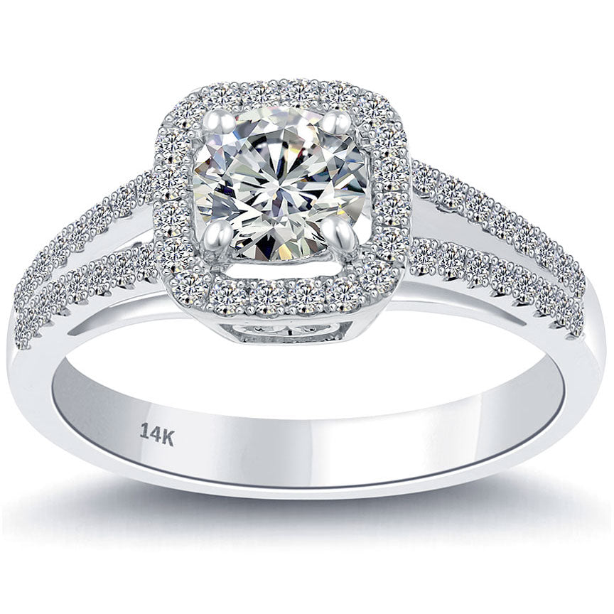 1.11 Carat G-SI1 Natural Round Diamond Engagement Ring 14k White Gold Pave Halo