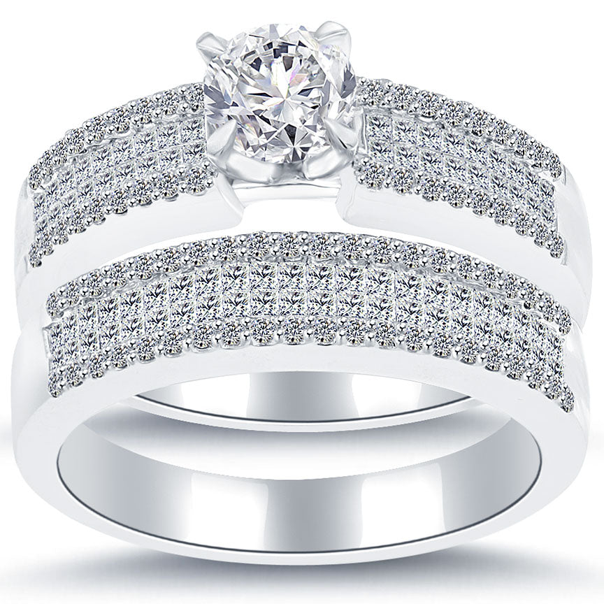 1.85 Carat D-SI1 Diamond Engagement Ring & Wedding Band Set 14k White Gold