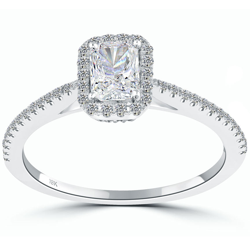 0.88 Carat D-SI1 Radiant Cut Diamond Engagement Ring 18k White Gold Pave Halo