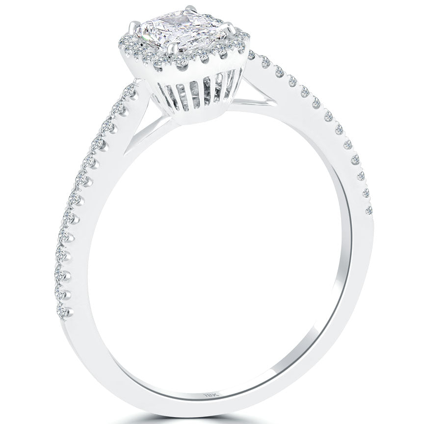 0.88 Carat D-SI1 Radiant Cut Diamond Engagement Ring 18k White Gold Pave Halo