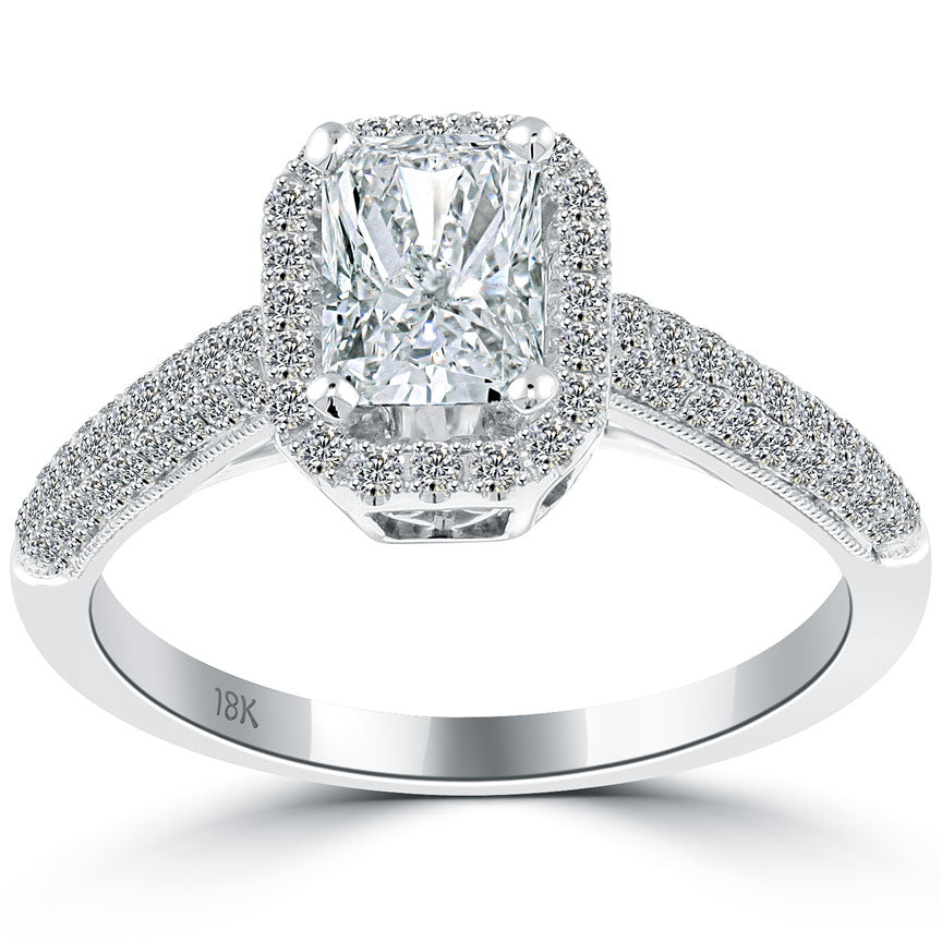 1.54 Carat G-VS2 Radiant Cut Diamond Engagement Ring 18k White Gold Pave Halo