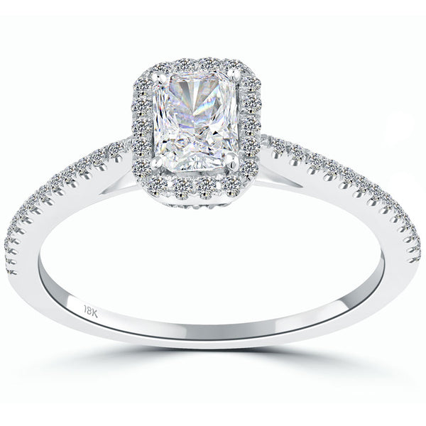 0.94 Carat H-VS1 Radiant Cut Diamond Engagement Ring 18k White Gold Pave Halo