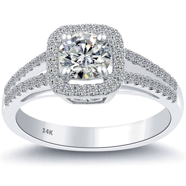 0.96 Carat D-SI1 Natural Round Diamond Engagement Ring 14k White Gold Pave Halo