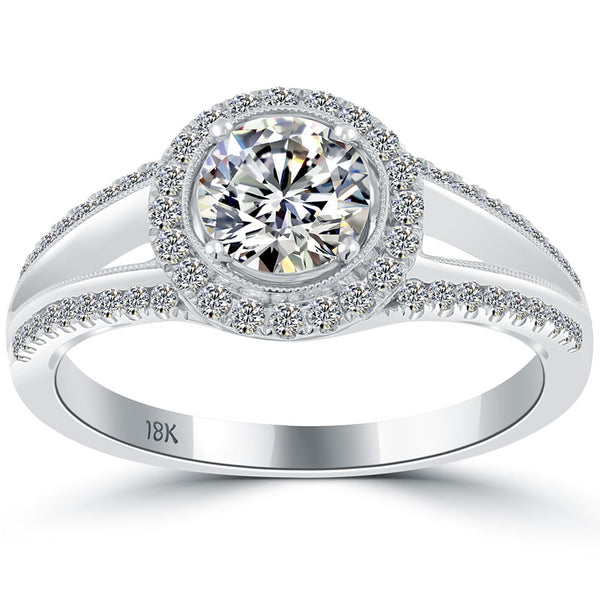 1.36 Carat G-VS2 Natural Round Diamond Engagement Ring 18k White Gold Pave Halo