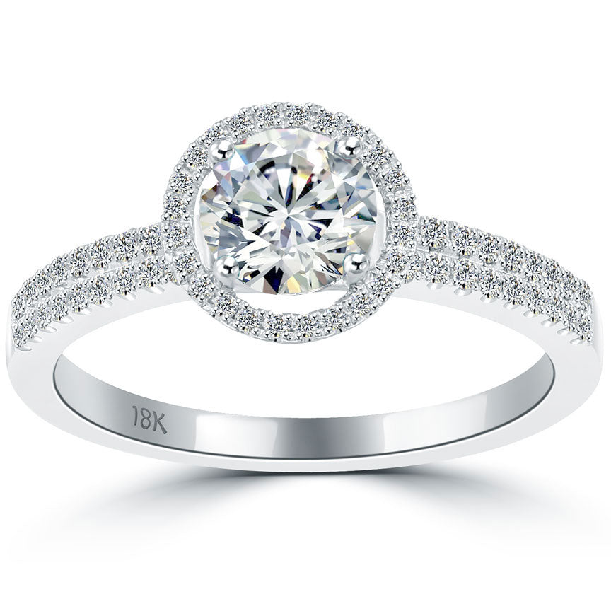 1.21 Carat E-SI1 Natural Round Diamond Engagement Ring 18k White Gold Pave Halo
