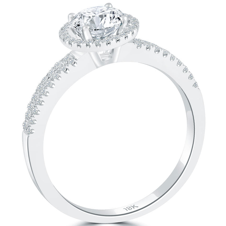 1.21 Carat E-SI1 Natural Round Diamond Engagement Ring 18k White Gold Pave Halo