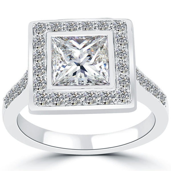 3.22 Carat G-SI1 Princess Cut Diamond Engagement Ring 14k White Gold Pave Halo