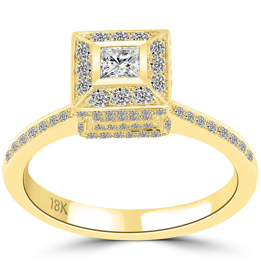 1.27 Carat G-VS1 Princess Cut Diamond Engagement Ring 18k Yellow Gold Pave Halo