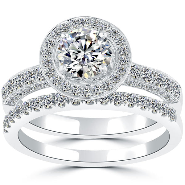 1.91 Carat E-SI1 Diamond Engagement Ring & Wedding Band Set 14k Gold Pave Halo
